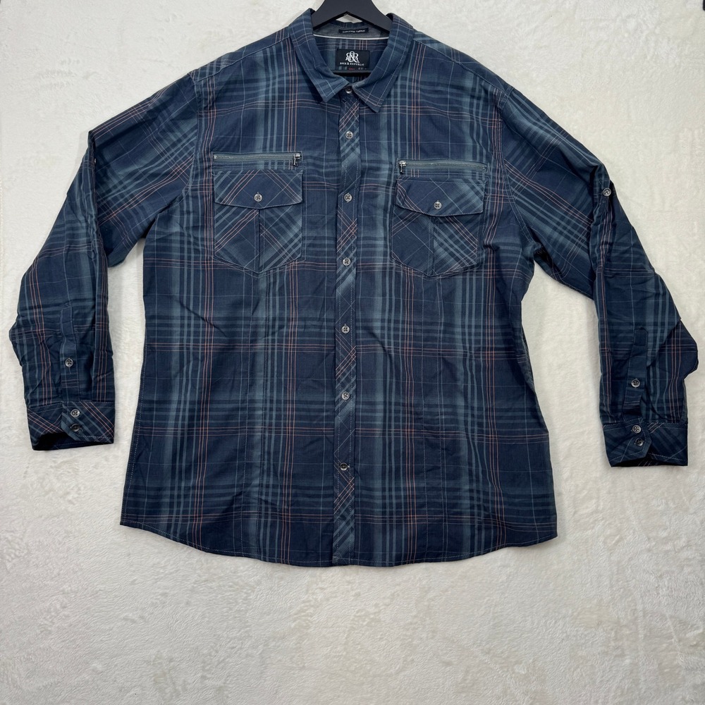 Rock & Republic Button Down Mens XXL Navy Plaid Long Sleeve Zipper Pocket Shirt